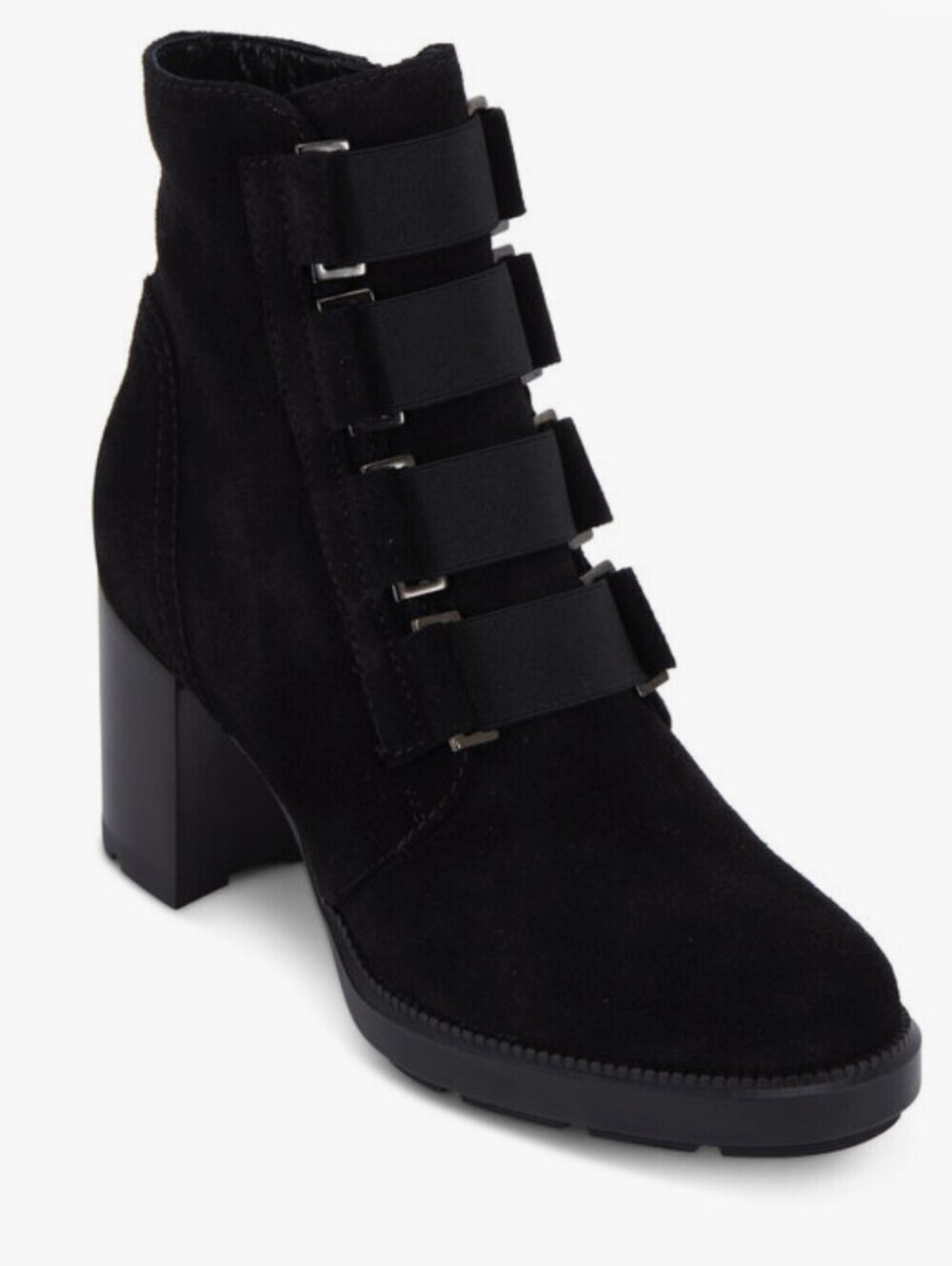 Aquatalia Black Ankle Boot with Elastic Strap Accents